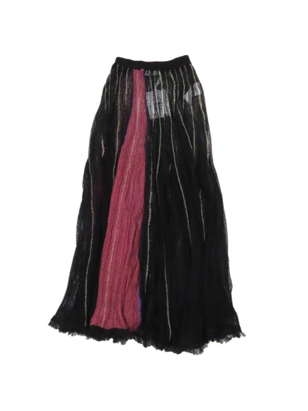 Dior Linen Lace Mesh Flare Skirt Elastic Waist Long Fringe Black 36